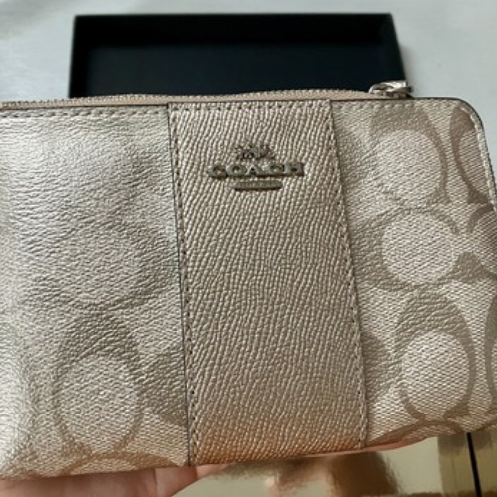 COACH Metallic Leather Wristlet | Gold Two-Tone Zip Pouch